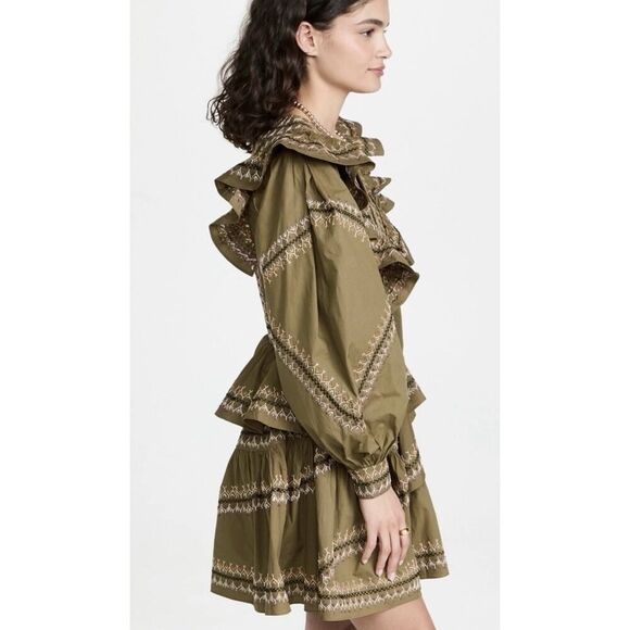 Ulla Johnson Olive Anais Embroidered Ruffle Mini Dress Size 6 Cotton Boho Chic - Picture 3 of 16
